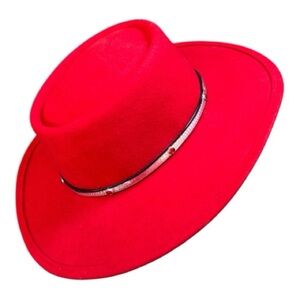Vintage Lancaster Collection Red Wool Cowgirl Hat Size M Silver Band Red Gems
